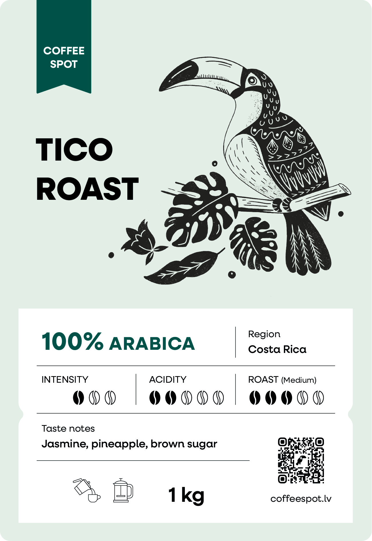 Coffee Spot kafijas pupiņas no Kosta Rikas, 1kg, vidēji tumšs grauzdējums
