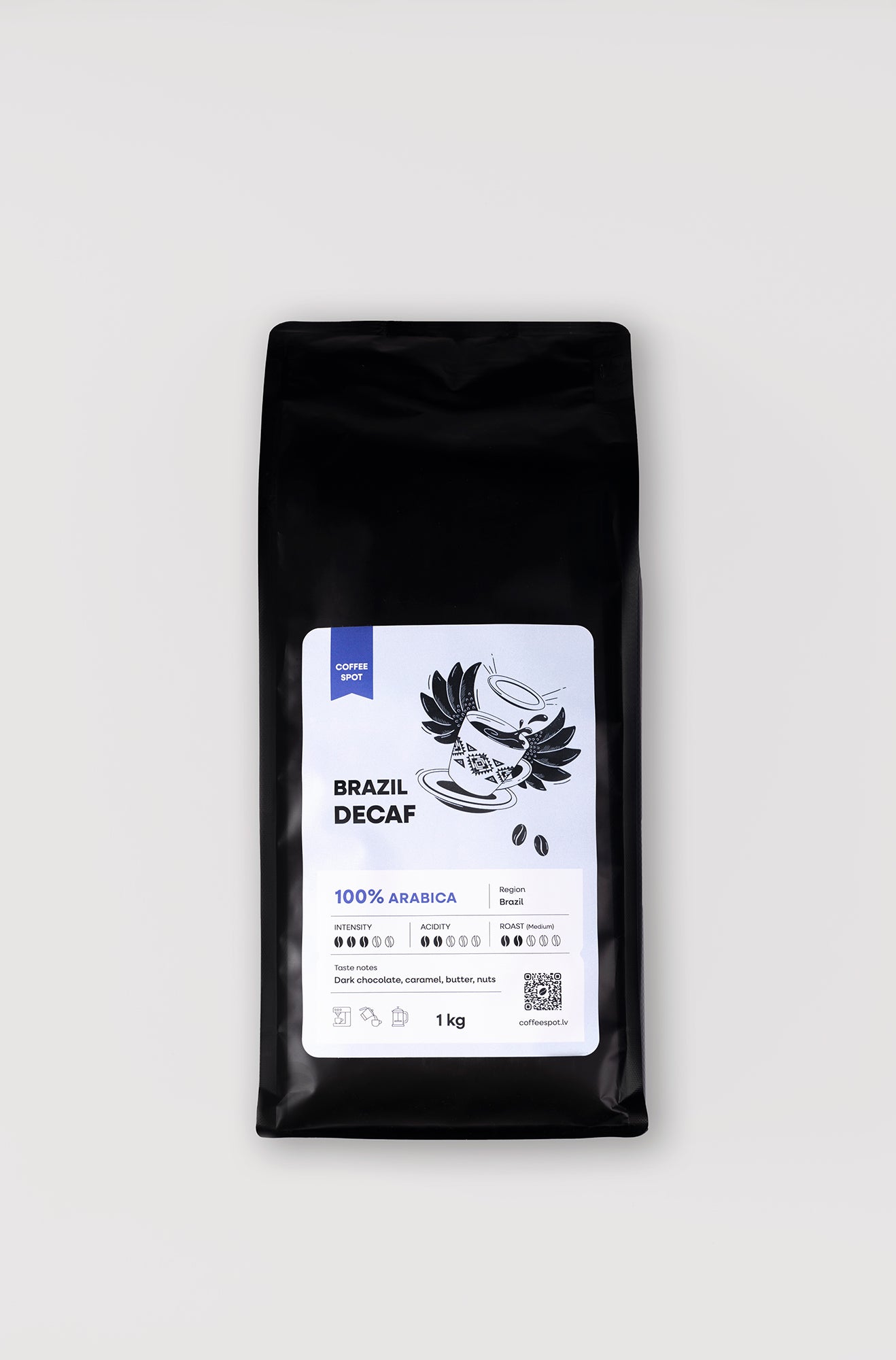 decaf, bezkofeīna kafijas pupiņas un malta kafija no Brazīlijas par izdevīgu cenu
